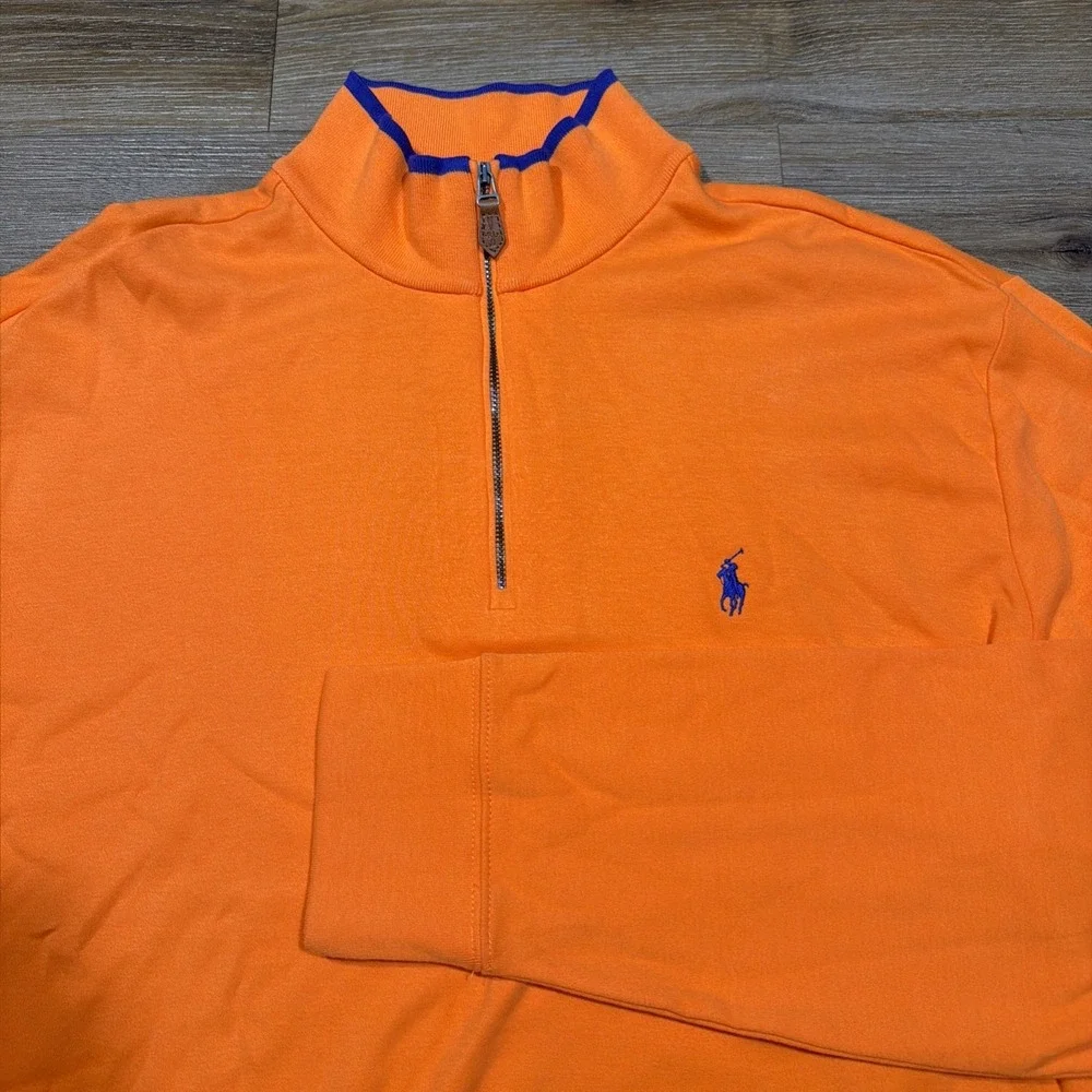 Polo Golf Ralph Lauren Men's LARGE 1/4 Quarter Zip Sweater Orange Blue Cotton